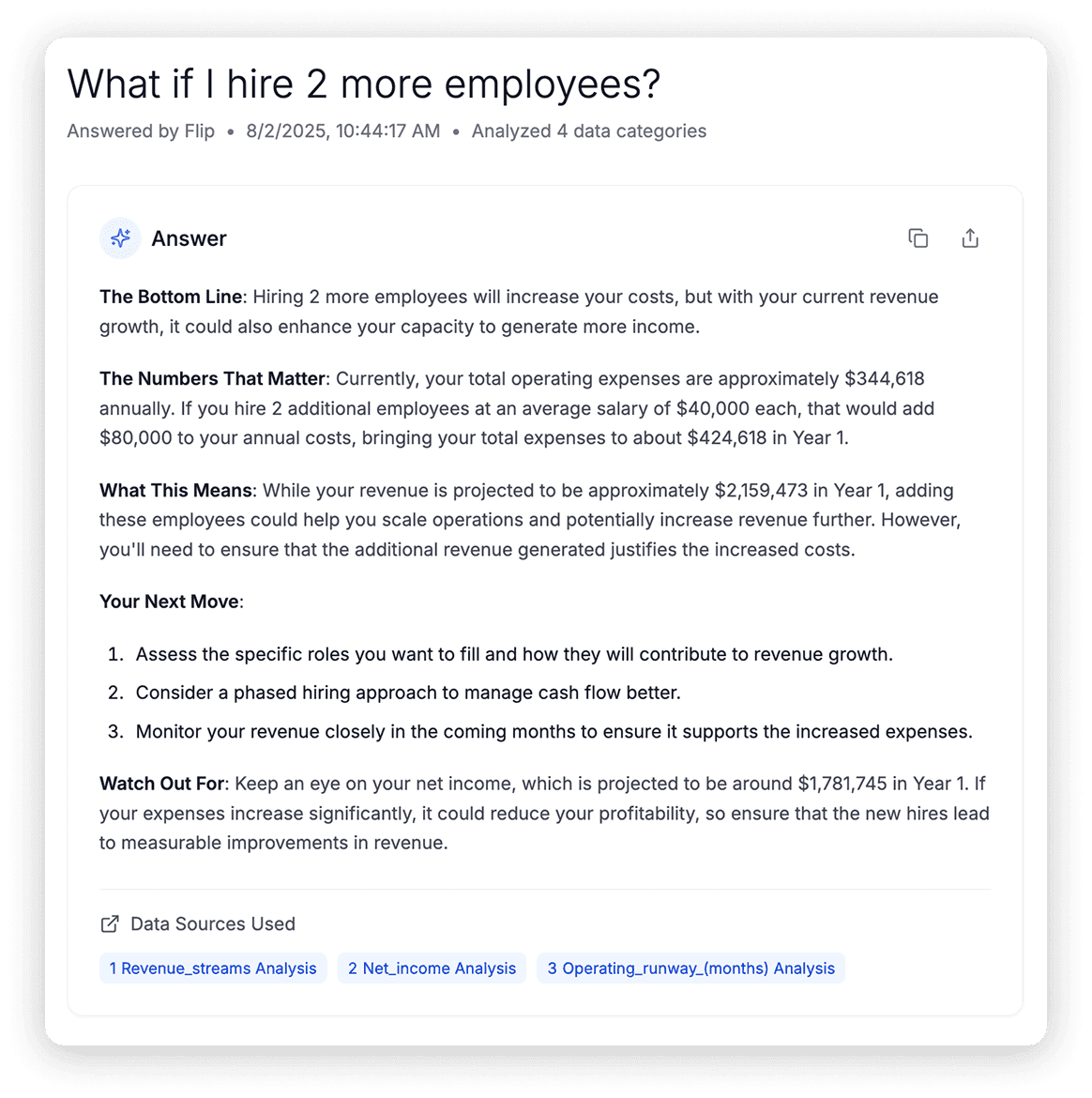 Chat interface with Flip AI showing financial analysis and recommendations